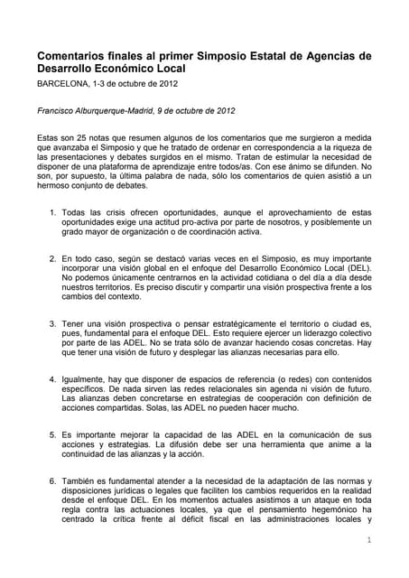 Comentarios finales al primer simposio estatal de agencias de desarrollo económico local
