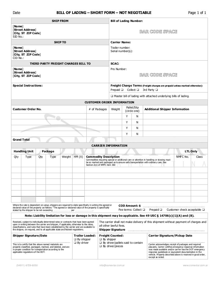 bill of lading sample bill of laden