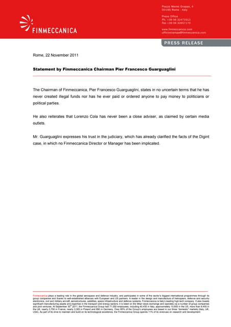 Statement by Finmeccanica Chairman Pier Francesco Guarguaglini