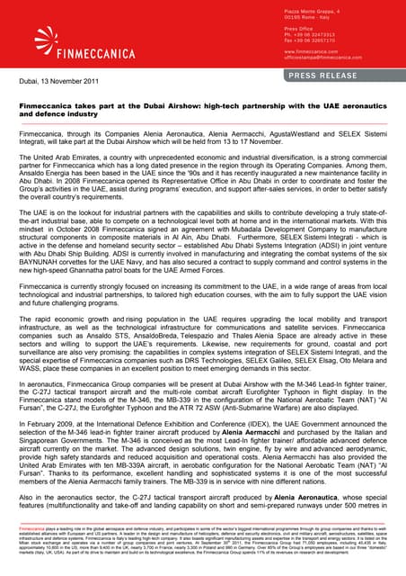 Finmeccanica takes part at the Dubai Airshow: high-tech partnership with the UAE aeronautics and defence industry