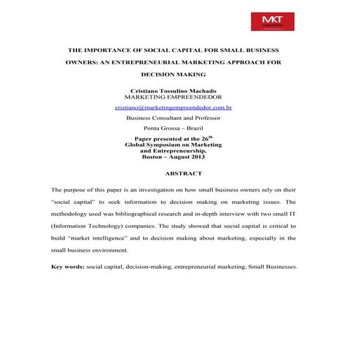 The Importance of Social Capital for Small Business Owners: An Entrepreneuria...