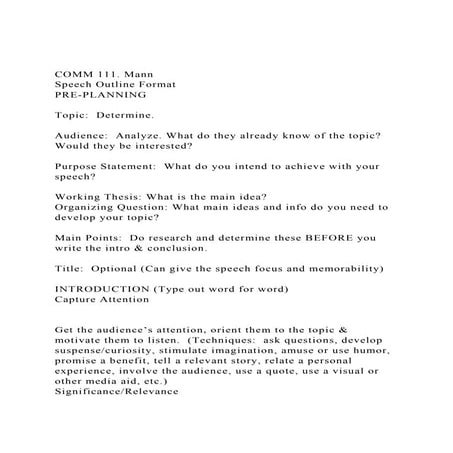 COMM 111. MannSpeech Outline Format PRE-PLANNINGTopic  .docx