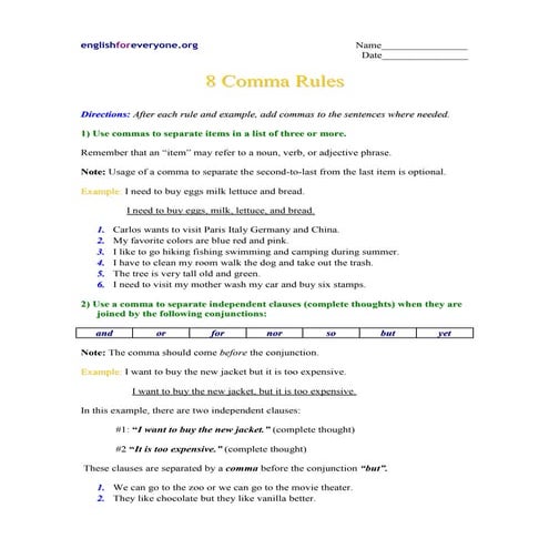 Commas Worksheet