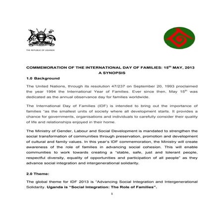 Commemoration of the international day of families 15th may 2013