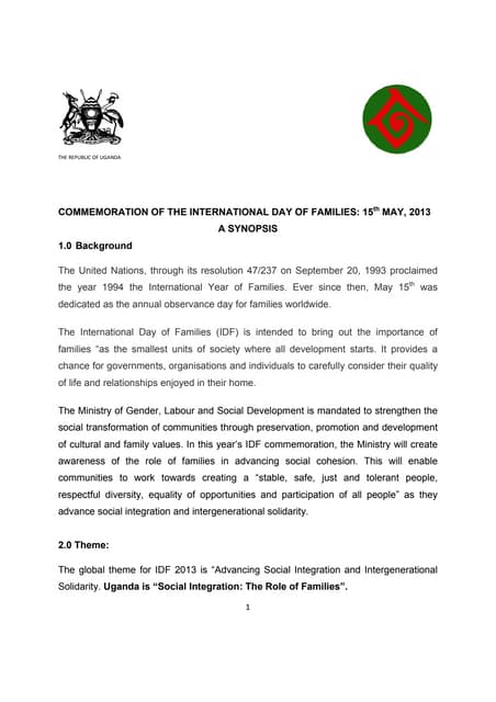 Commemoration of the international day of families 15th may 2013