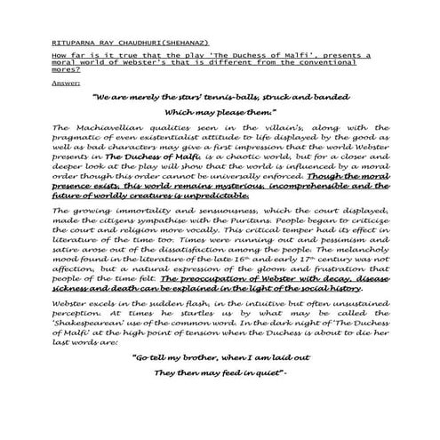 Comment on the statement that webster, in the play ‘the duchess of malfi’   s...