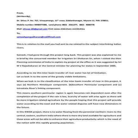 Comments on NWDA's (National Water Development Authority) methodology of ILR ...