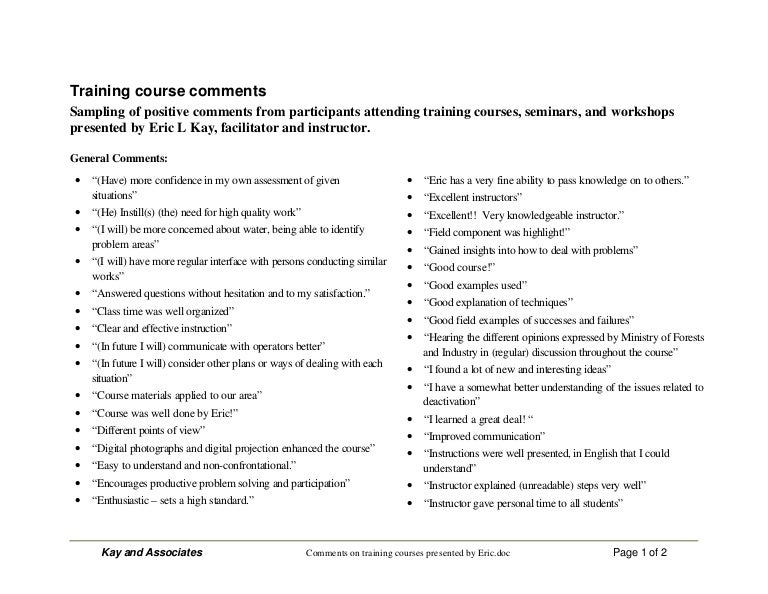 Comments on training courses presented by eric