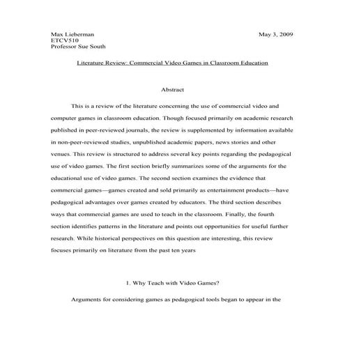 Literature Review: Commercial Video Games In Classroom Education