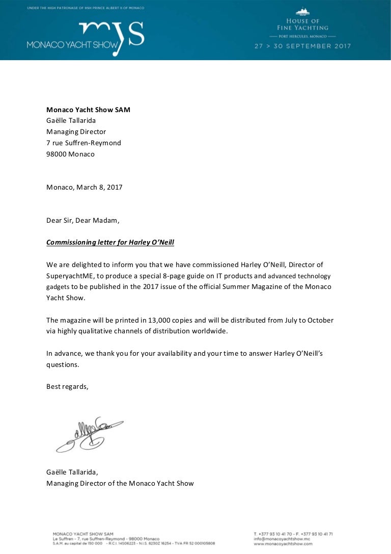 Official Commissioning Letter Monaco Yacht Show 2017
