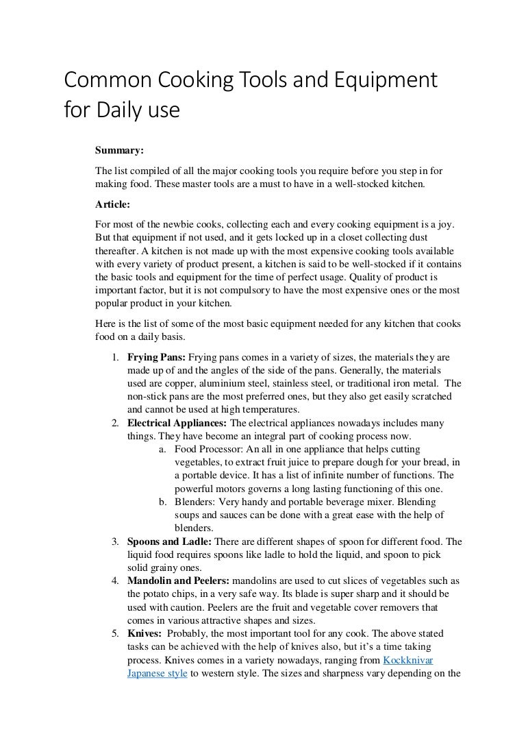 Common cooking tools and equipment for daily use