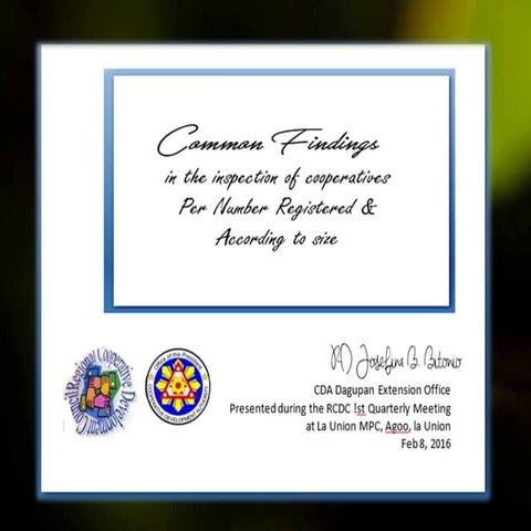 Common Findings in the Inspection of Cooperatives (Region 1)