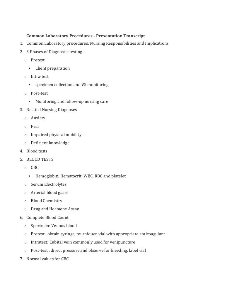 Common laboratory & diagnostic procedures