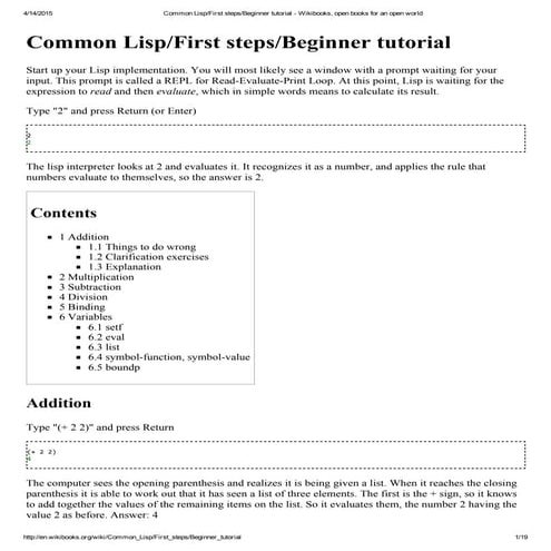 Common lisp first steps beginner tutorial - wikibooks, open books for ...