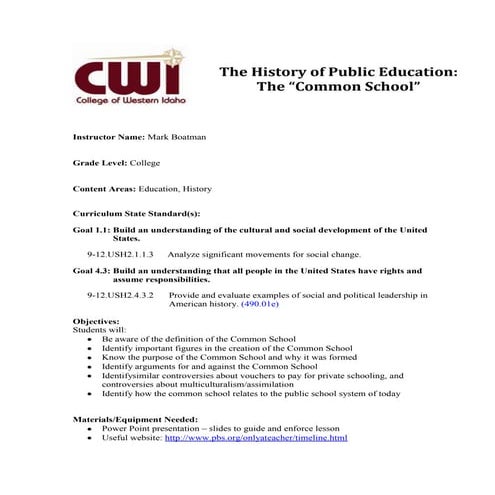 Lesson Plan: The Common School Movement | DOCX