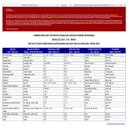 Common shoe and footwear vocabulary (english chinese-vietnamese)鞋类常见词汇(英语、汉语、...