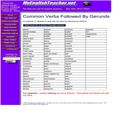 Common verbs followed by gerunds