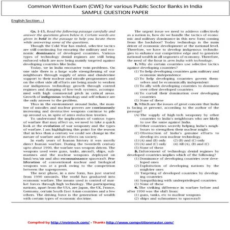 JSPiders Common written exam (cwe) for various public sector banks in india sample question paper