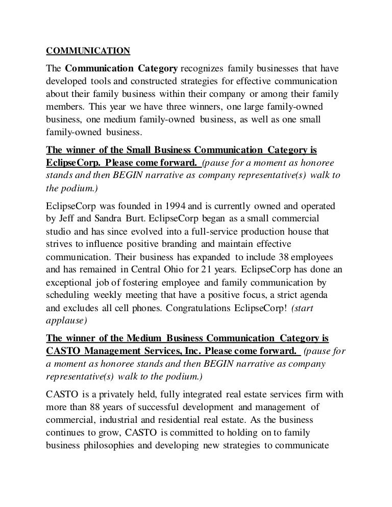 2015 Family Business Awards Script Communication Award