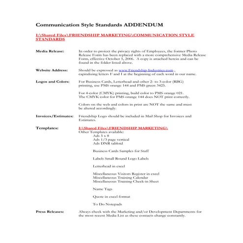 Communication Style Standards Addendum