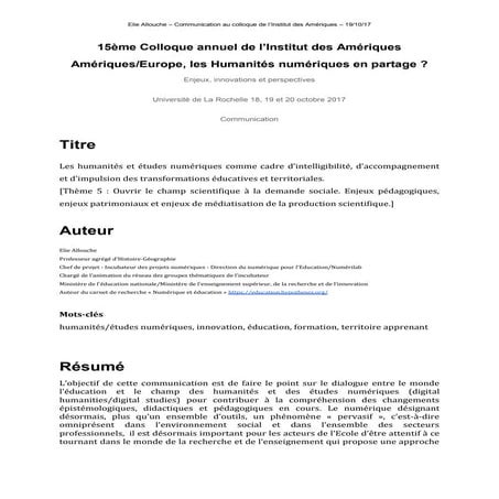 Humanités numériques et éducation : Communication au colloque humanités numériques - Institut des Amériques 2017