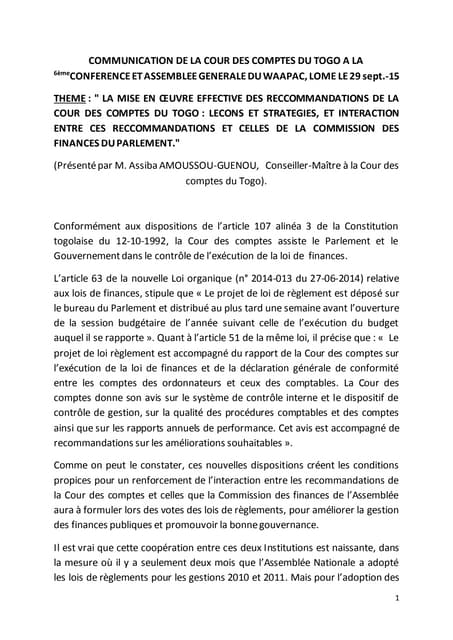 Communication de la cour des comptes du togo a la 6ème conference et assembl...