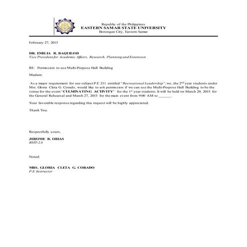 Communication Letter for a Venue