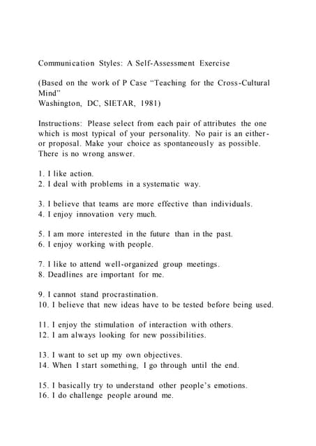 Communication Styles A Self-Assessment Exercise (Based on the