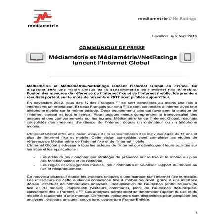 Communiqué de presse - Internet global - Médiamétrie - Avril 2013