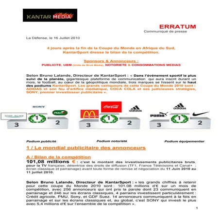 Communiqué de presse bilan de la coupe du monde en afrique du sud sponsors & ...