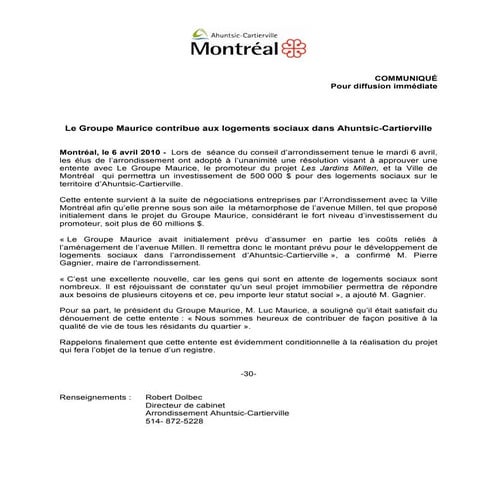 Communiqué Entente G  Maurice Log  Social