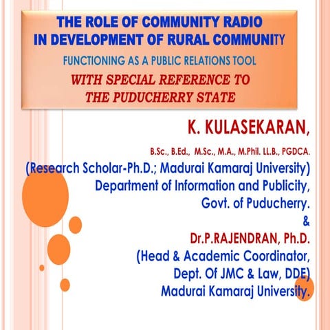 Community radio for rural development in puducherry kulasekaran pro