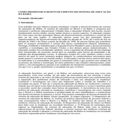 COMO PROMOVER O DESENVOLVIMENTO DO SISTEMA DE EDUCAÇÃO DA BAHIA 