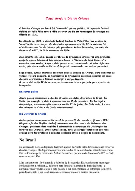 Como surgiu o dia da criança