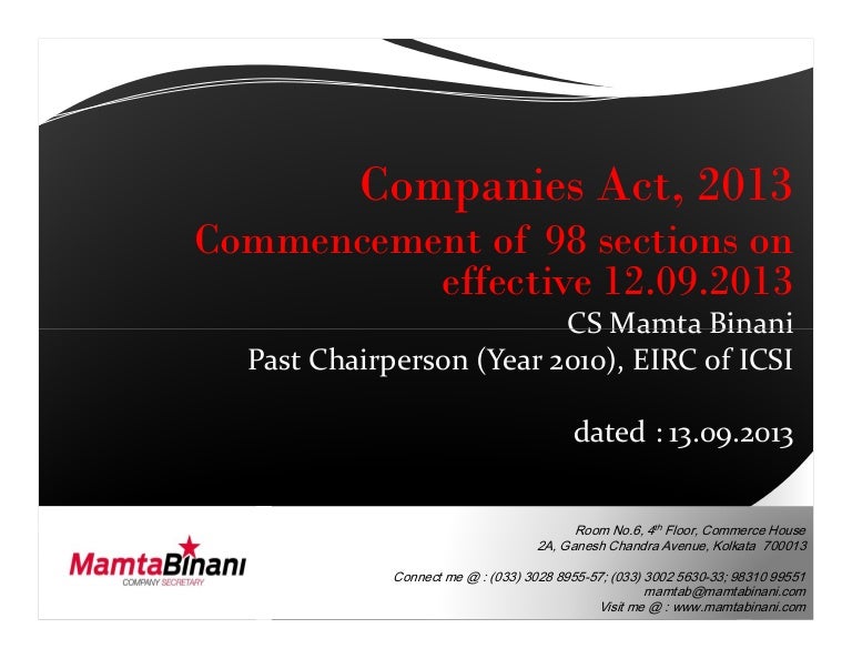Companies Act 2013 (Provisions Effective 12th Sep, 2013)