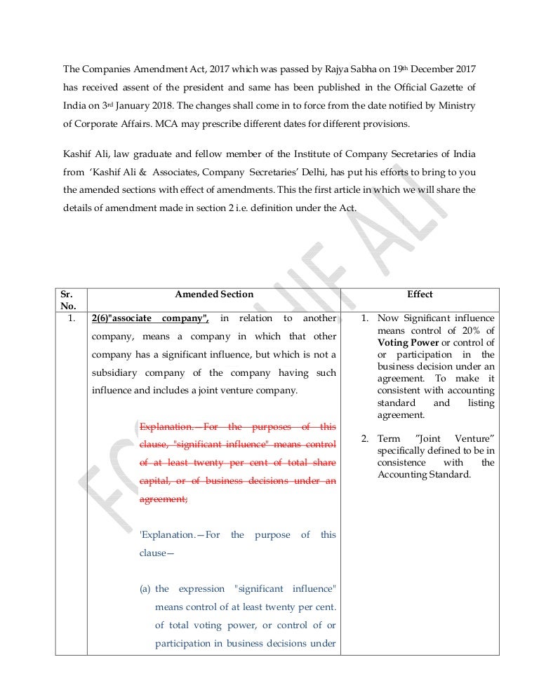 Companies amendment act 2017 amended sections with analysis