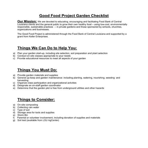 Good Food Project Organic Gardens by Food Bank of Central Louisiana | PDF