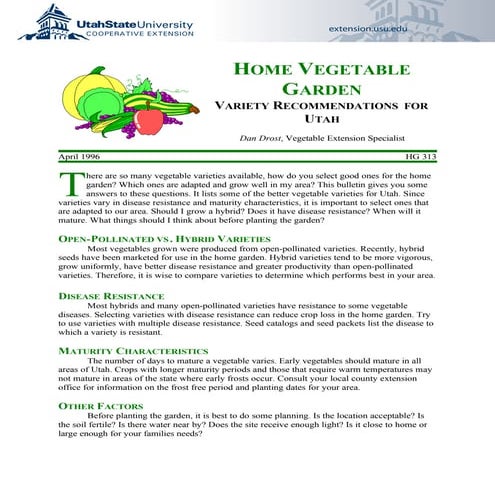 Recommended Vegetable Varieties for Utah for Home Vegetable Garden