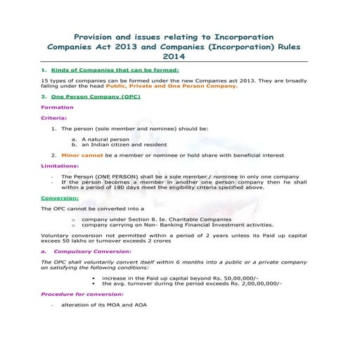 Company incorporation under nca 2013 and rules there under