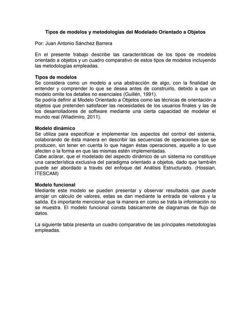 Tipos de Modelos y Metodologías Orientado a Objetos