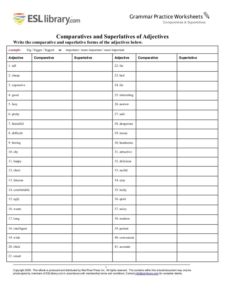 Printables Esl Library Grammar Practice Worksheets comparatives and superlatives