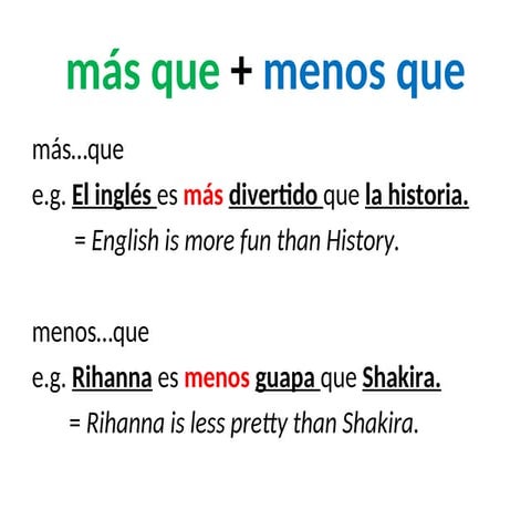 Comparatives for Spanish 2 Inequality using Mas/Menos | PPT