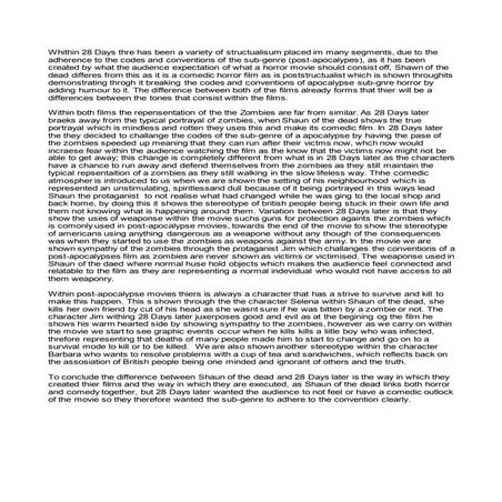 Compare and contrast 28 days later with shaun of the dead, commenting on the structuralist or post structuralist theory