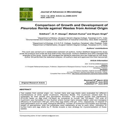 Comparison of Growth and Development of  Pleurotus florida  against Wastes fr...