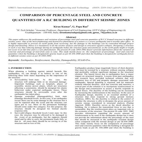 Comparison of percentage steel and concrete quantities of a r.c building in d...