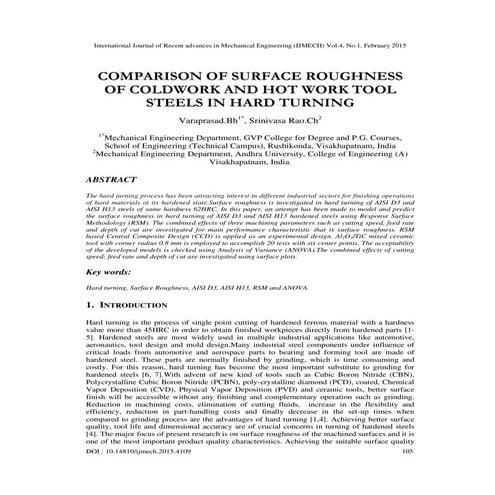 COMPARISON OF SURFACE ROUGHNESS OF COLDWORK AND HOT WORK TOOL STEELS IN HARD ...