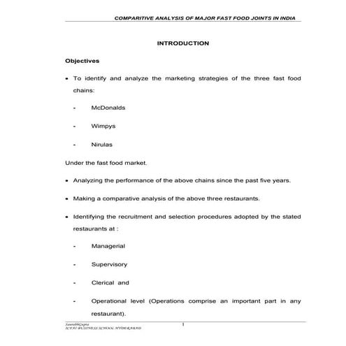 Comparitive analysis of major fast food joints in india