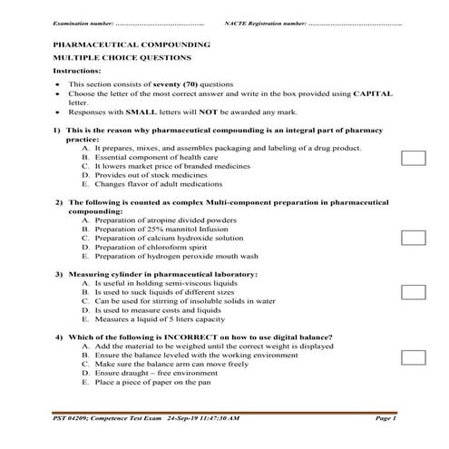 MCQ PHARMACEUTICAL COMPOUNDING TEST