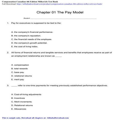 Compensation Canadian 4th Edition Milkovich Test Bank