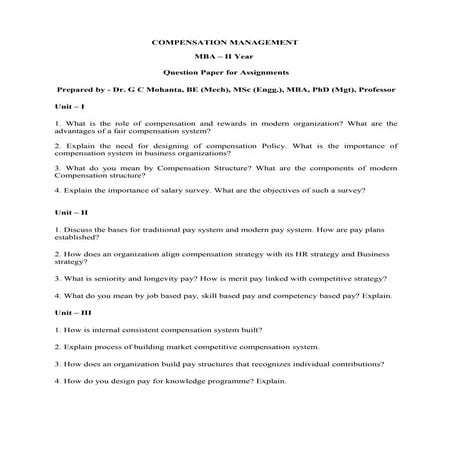 Compensation management Question paper for assignments